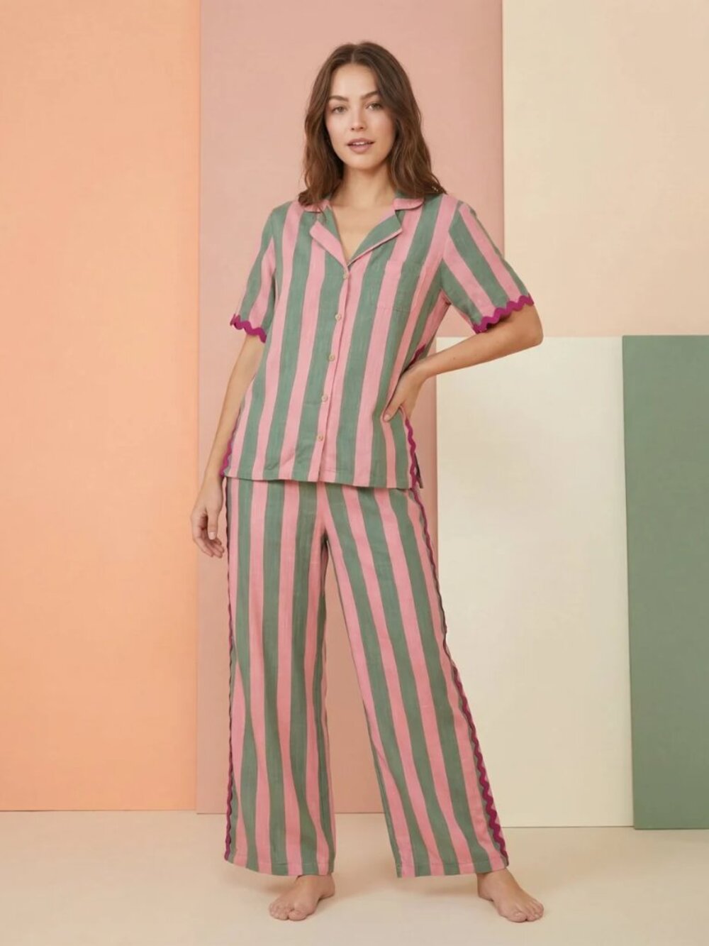 New Haute Dreamz Watermelon Stripe Ric Rac Pajama 2 Piece Set Medium NWT